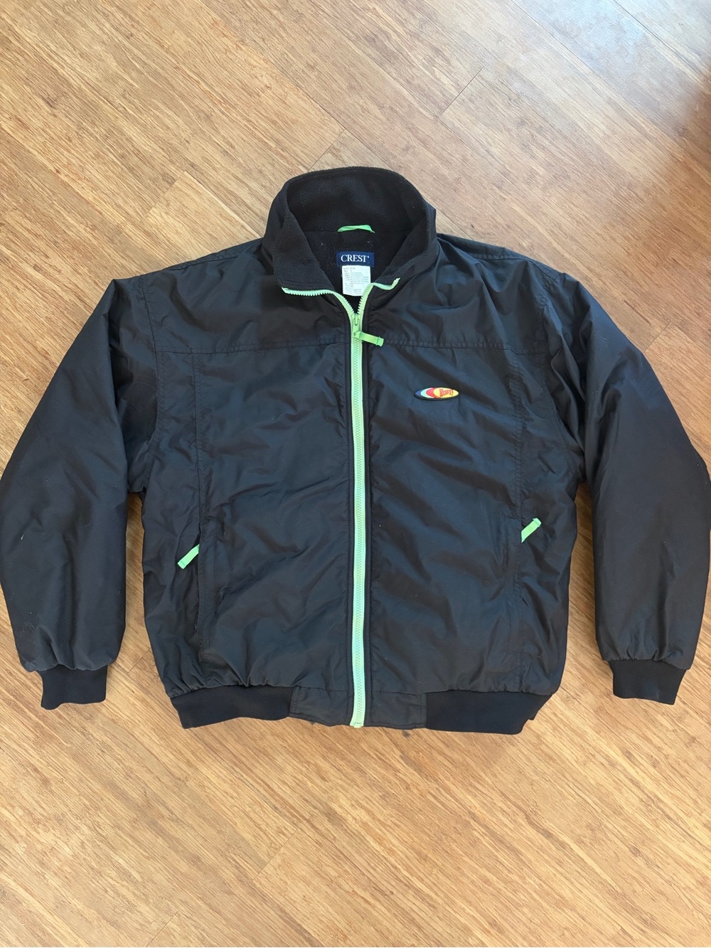 Vintage Wendy’s Crest Fleece Lined Bomber Jacket Black Neon Lime Green Sz L